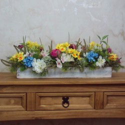 GRANDAD'S SPRINGTIME ALLOTMENT | TABLE RUNNER FLOWER ARRANGEMENT | NARCISSI ANEMONES FORGET ME NOTS