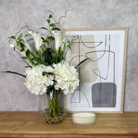 HYDRANGEAS AND CALLA LILIES IN GLASS VASE | ARTIFICIAL FLOWER ARRANGEMENTS