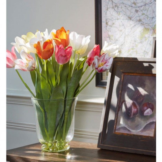 ASSORTED TULIPS IN GLASS URN VASE | ARTIFICIAL FLOWER ARRANGEMENTS